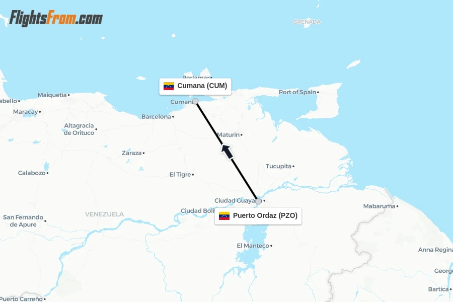 Flights from Puerto Ordaz to Cumana route map