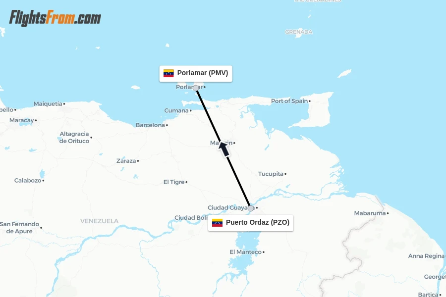 Flights from Puerto Ordaz to Porlamar route map