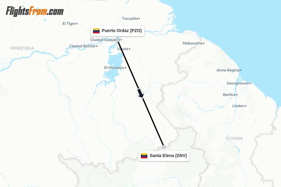 Flights from Puerto Ordaz to Santa Elena route map