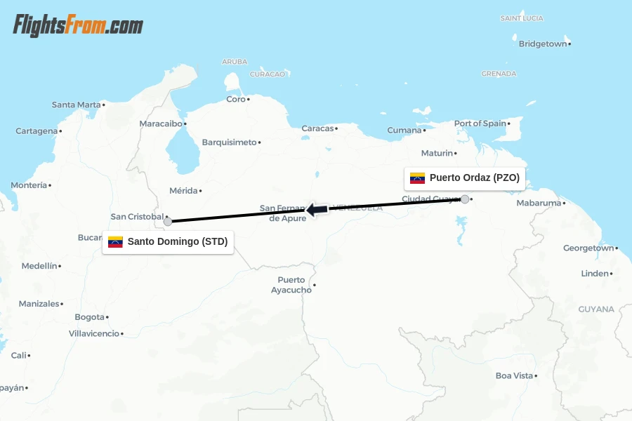 Flights from Puerto Ordaz to Santo Domingo route map