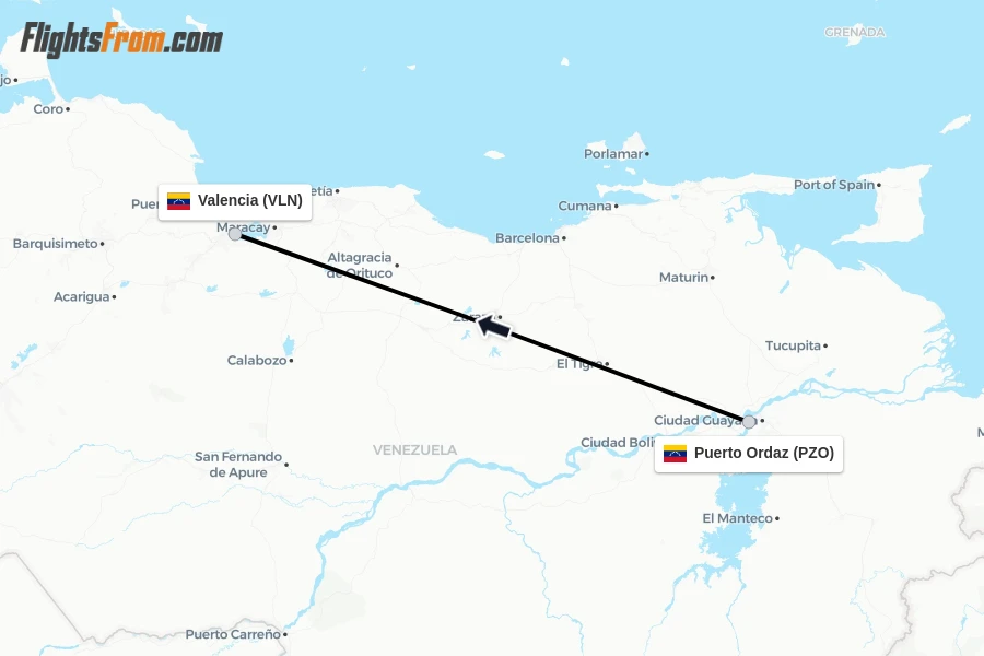 Flights from Puerto Ordaz to Valencia route map