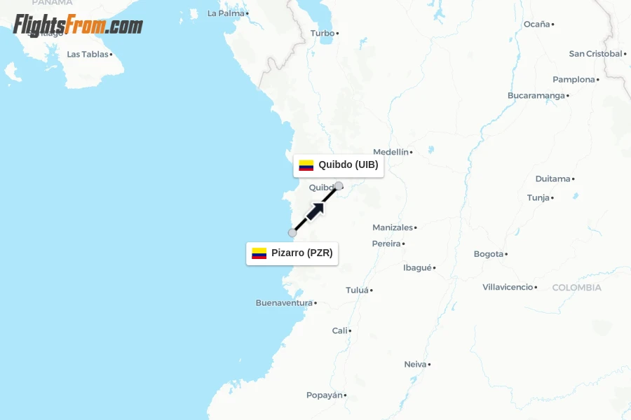 Flights from Pizarro to Quibdo route map
