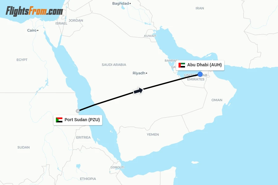 Flights from Port Sudan to Abu Dhabi route map