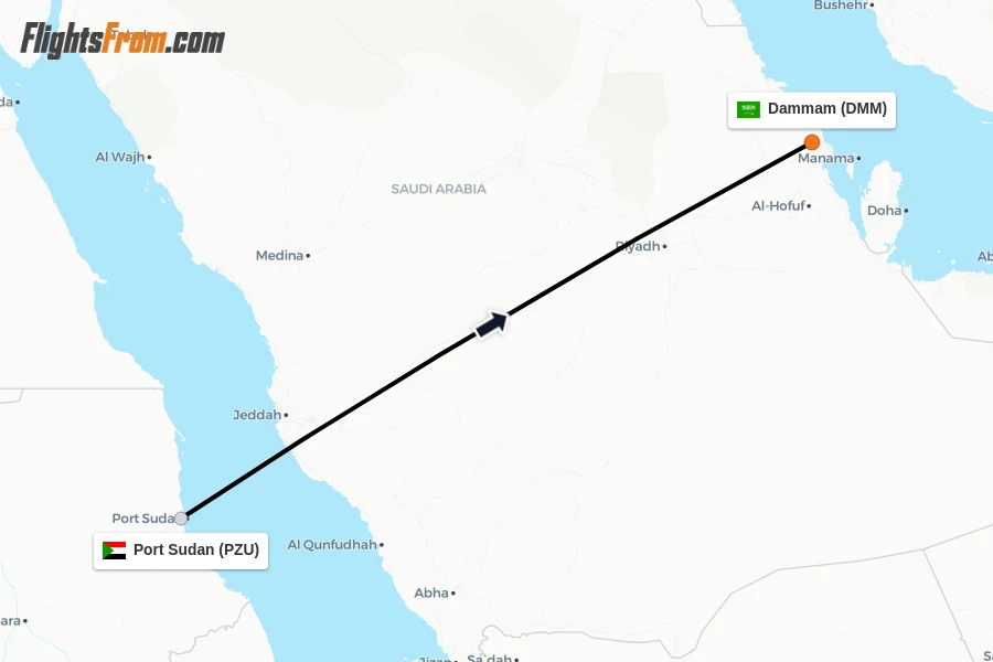 Flights from Port Sudan to Dammam route map