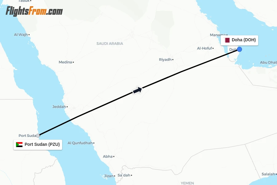 Flights from Port Sudan to Doha route map