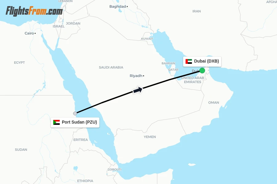 Flights from Port Sudan to Dubai route map
