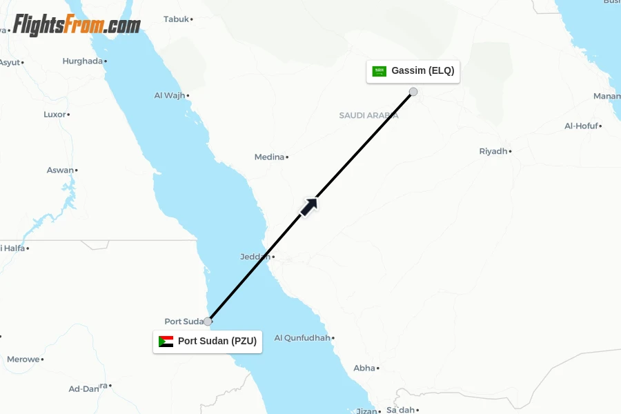 Flights from Port Sudan to Gassim route map