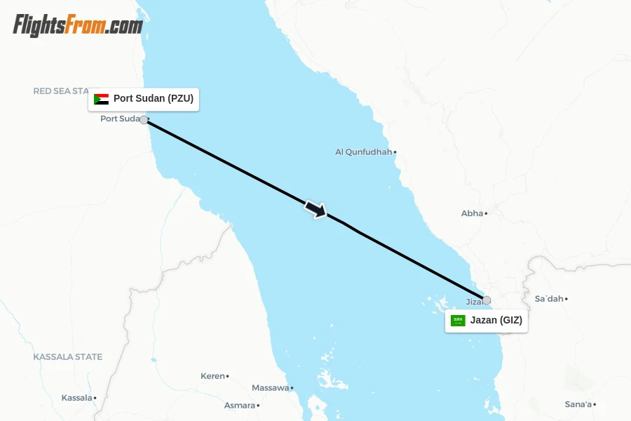 Flights from Port Sudan to Jazan route map