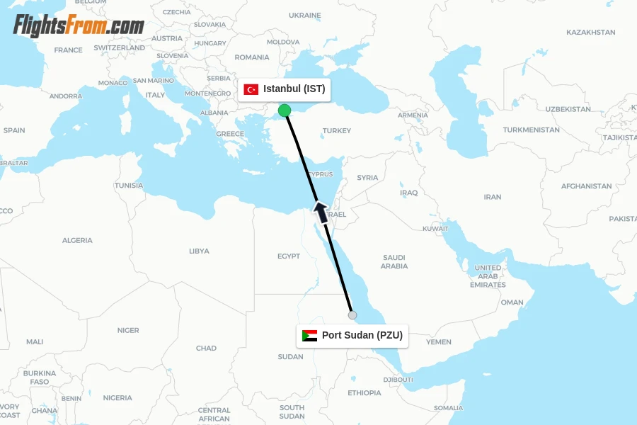 Flights from Port Sudan to Istanbul route map