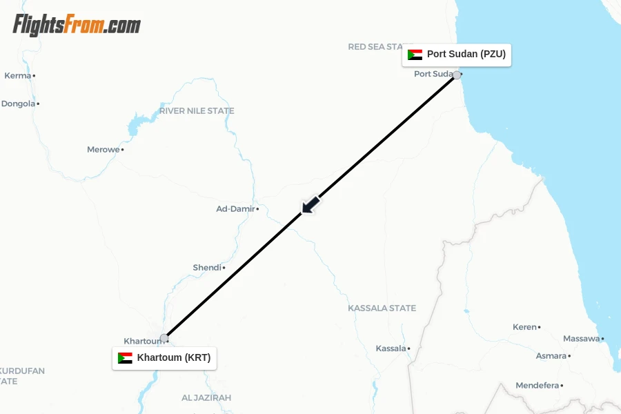 Flights from Port Sudan to Khartoum route map