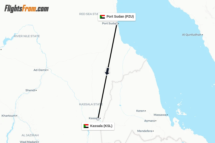 Flights from Port Sudan to Kassala route map