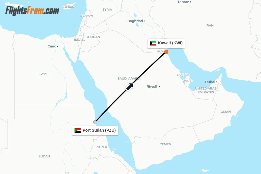 Flights from Port Sudan to Kuwait route map
