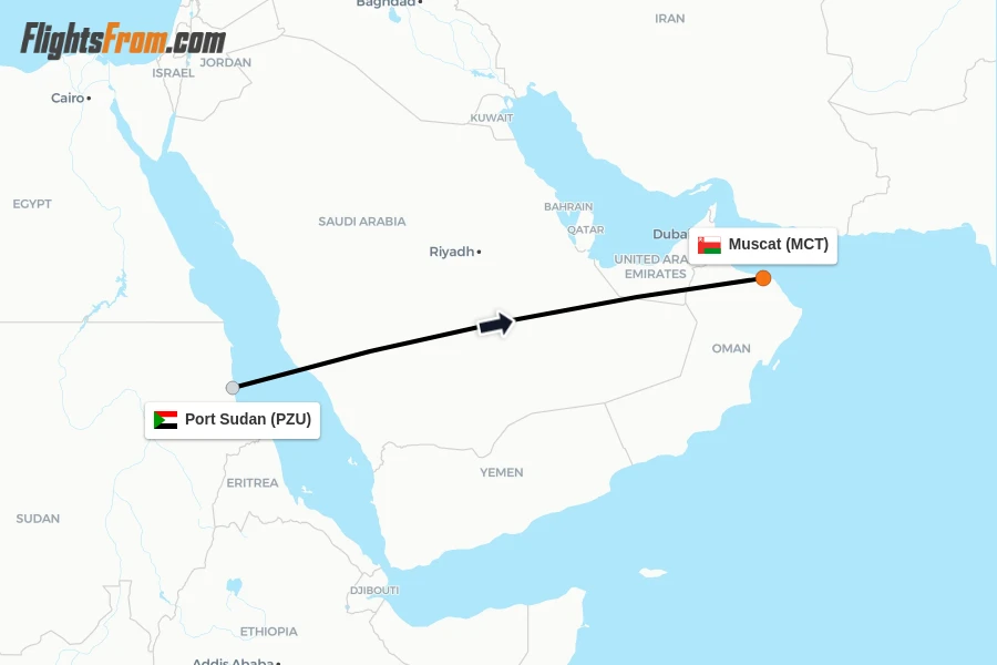 Flights from Port Sudan to Muscat route map