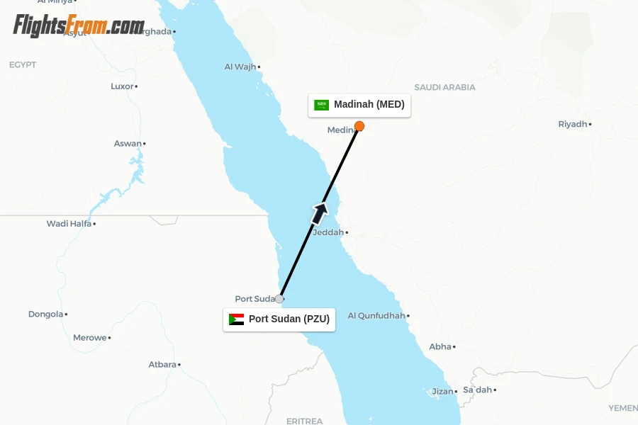 Flights from Port Sudan to Madinah route map