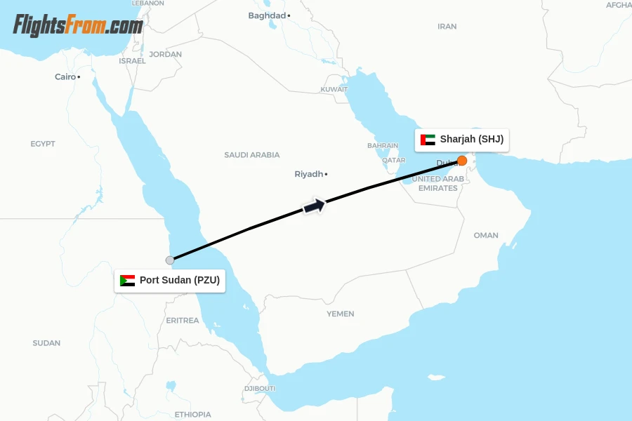 Flights from Port Sudan to Sharjah route map