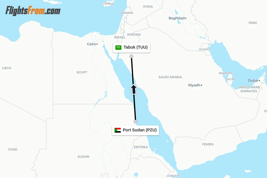 Flights from Port Sudan to Tabuk route map
