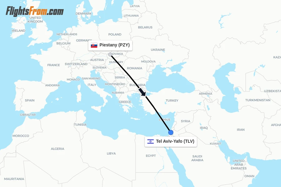 Flights from Piestany to Tel Aviv-Yafo route map