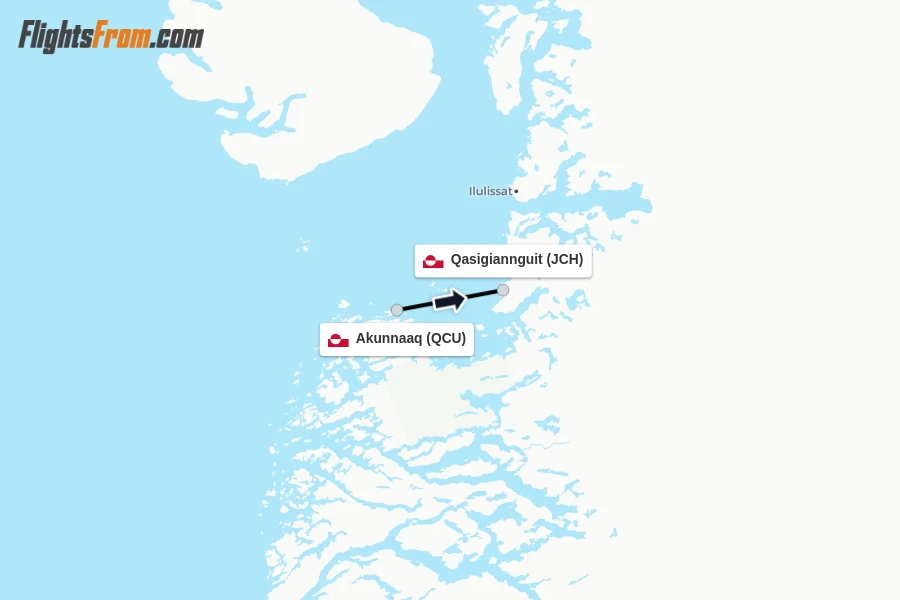 Flights from Akunnaaq to Qasigiannguit route map