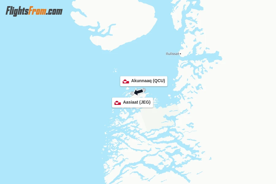 Flights from Akunnaaq to Aasiaat route map