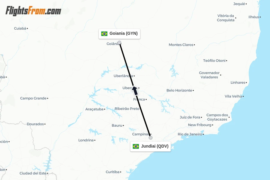 Flights from Jundiai to Goiania route map