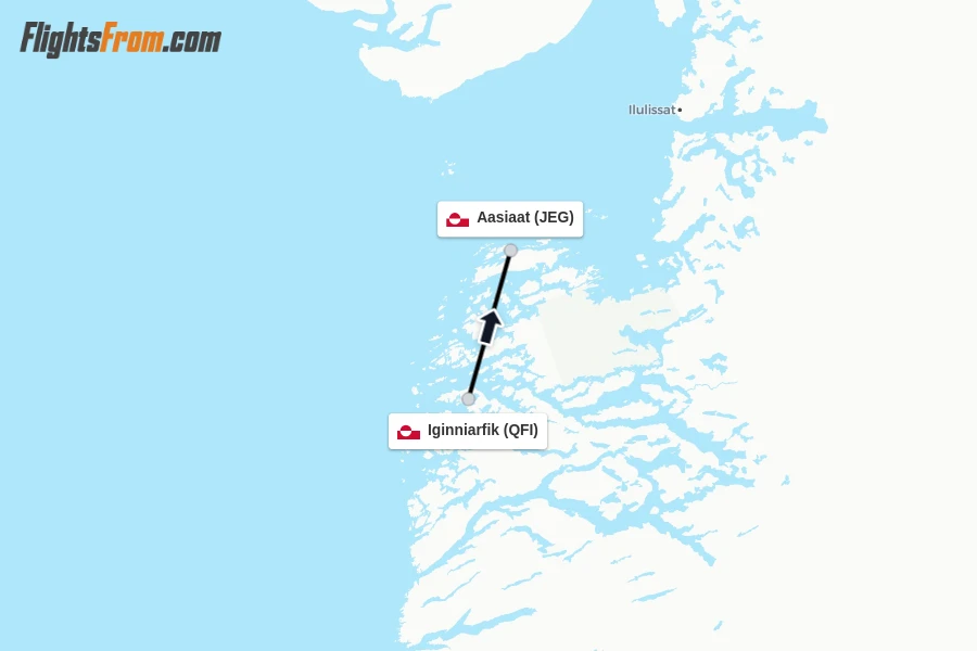Flights from Iginniarfik to Aasiaat route map