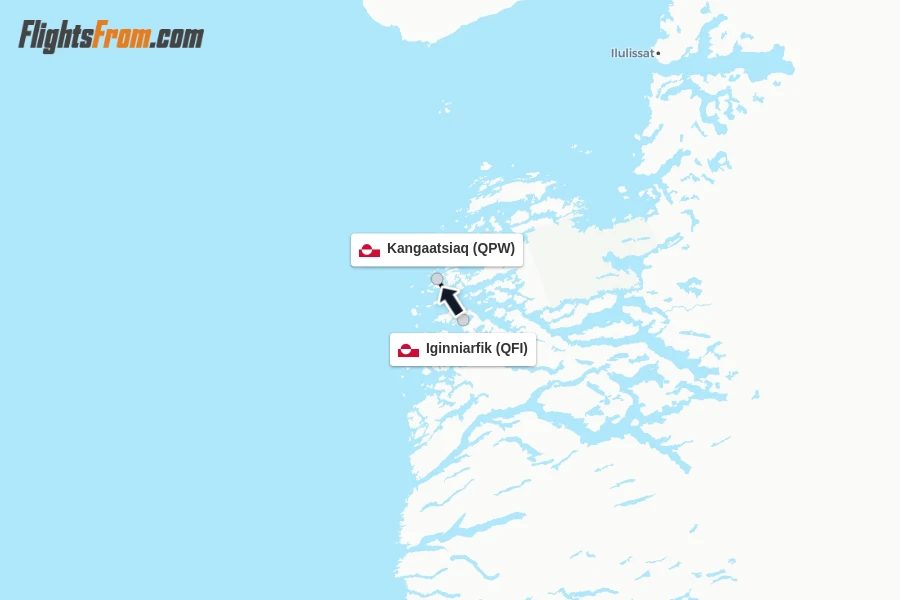 Flights from Iginniarfik to Kangaatsiaq route map