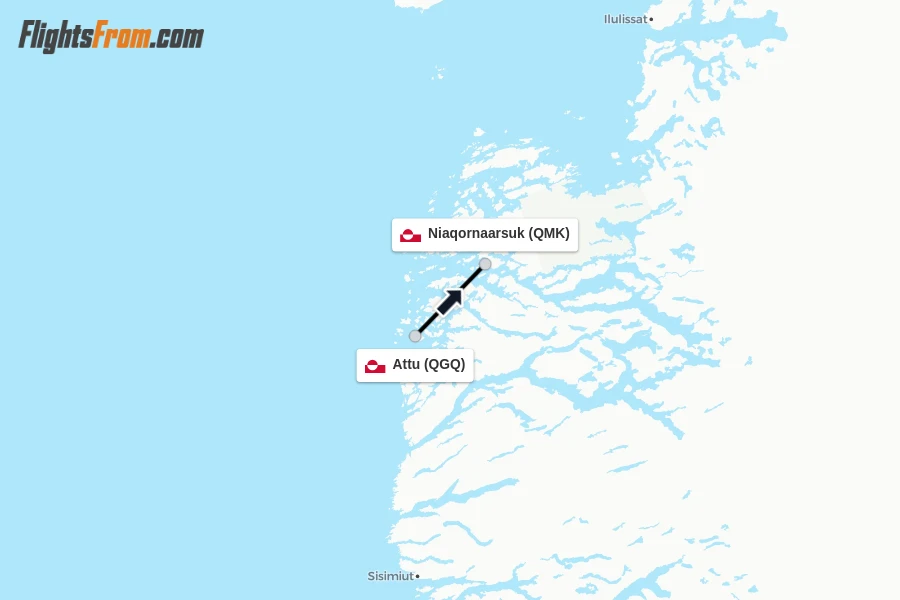 Flights from Attu to Niaqornaarsuk route map