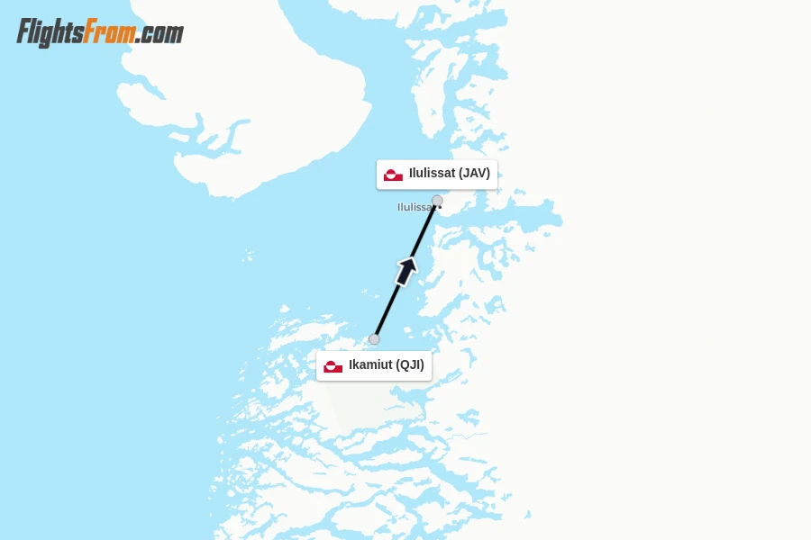 Flights from Ikamiut to Ilulissat route map
