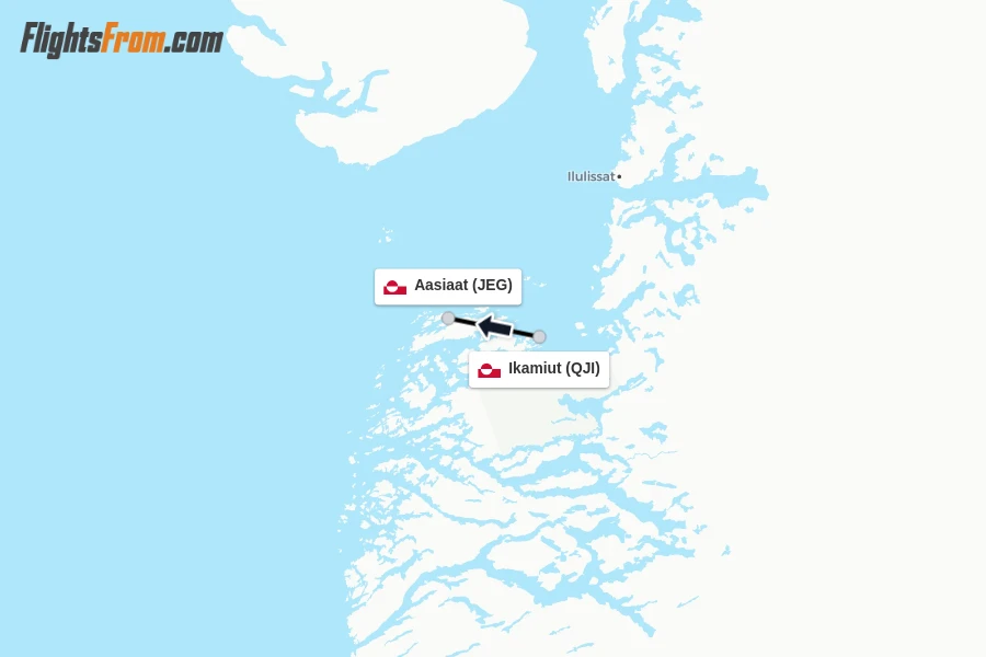 Flights from Ikamiut to Aasiaat route map