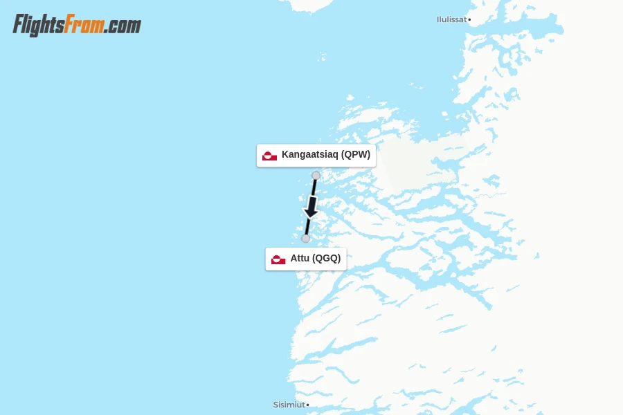 Flights from Kangaatsiaq to Attu route map