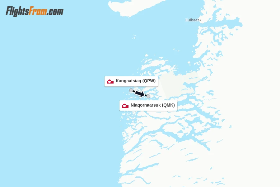 Flights from Kangaatsiaq to Niaqornaarsuk route map