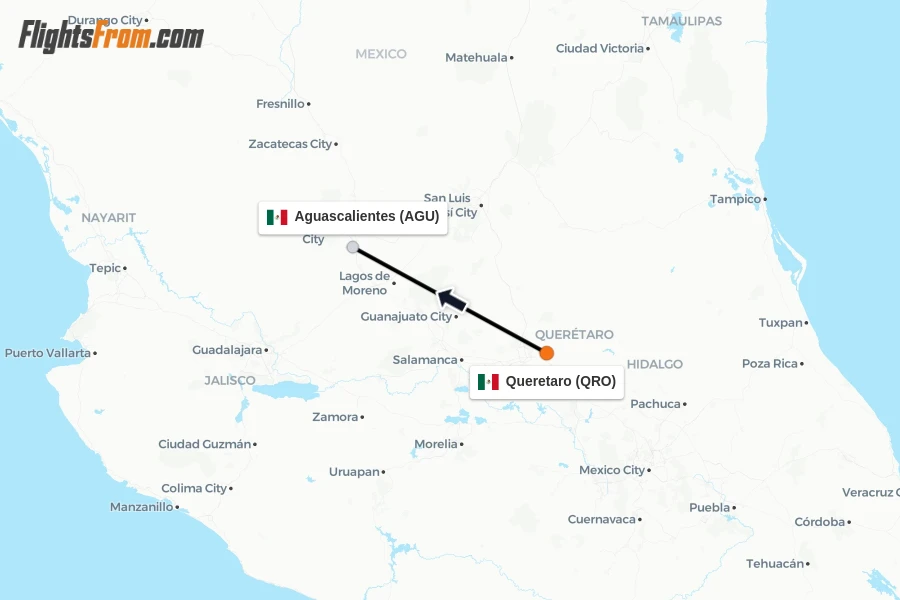 Flights from Queretaro to Aguascalientes route map