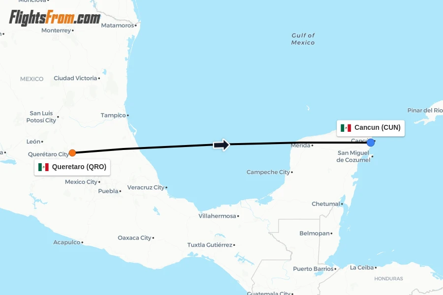 Flights from Queretaro to Cancun route map