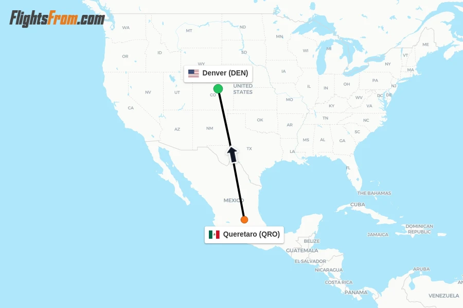 Flights from Queretaro to Denver route map