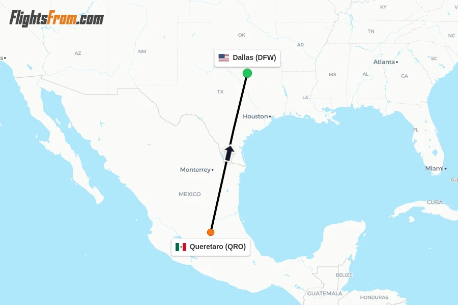 Flights from Queretaro to Dallas route map
