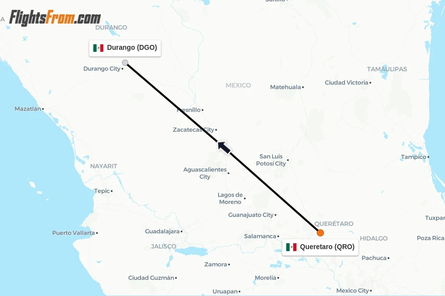 Flights from Queretaro to Durango route map