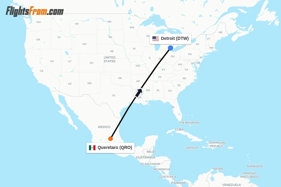 Flights from Queretaro to Detroit route map