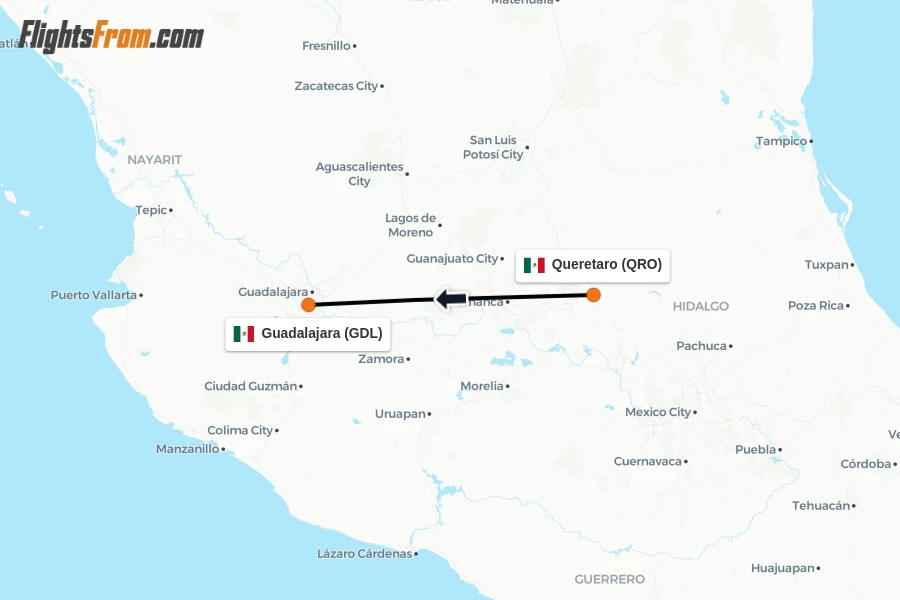 Flights from Queretaro to Guadalajara route map