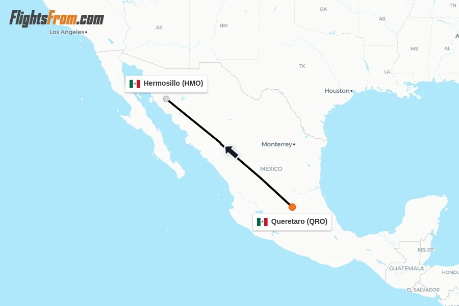 Flights from Queretaro to Hermosillo route map