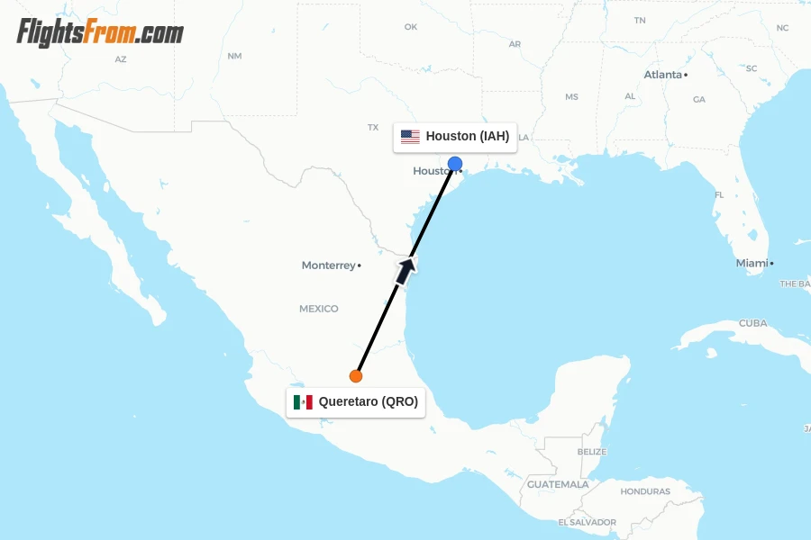 Flights from Queretaro to Houston route map