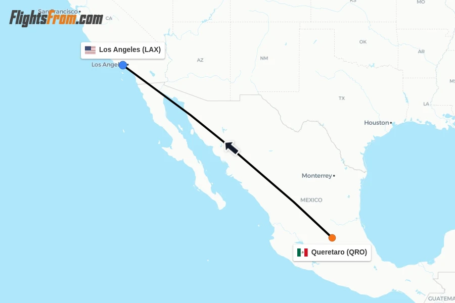 Flights from Queretaro to Los Angeles route map
