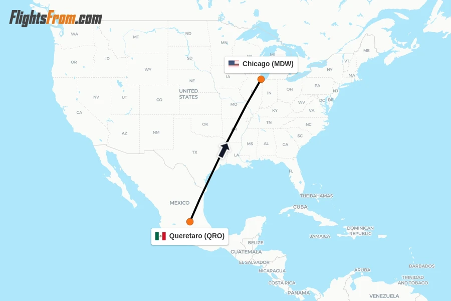 Flights from Queretaro to Chicago route map