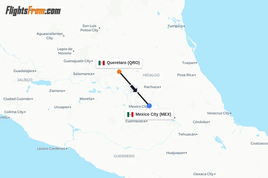 Flights from Queretaro to Mexico City route map