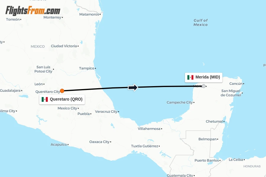Flights from Queretaro to Merida route map