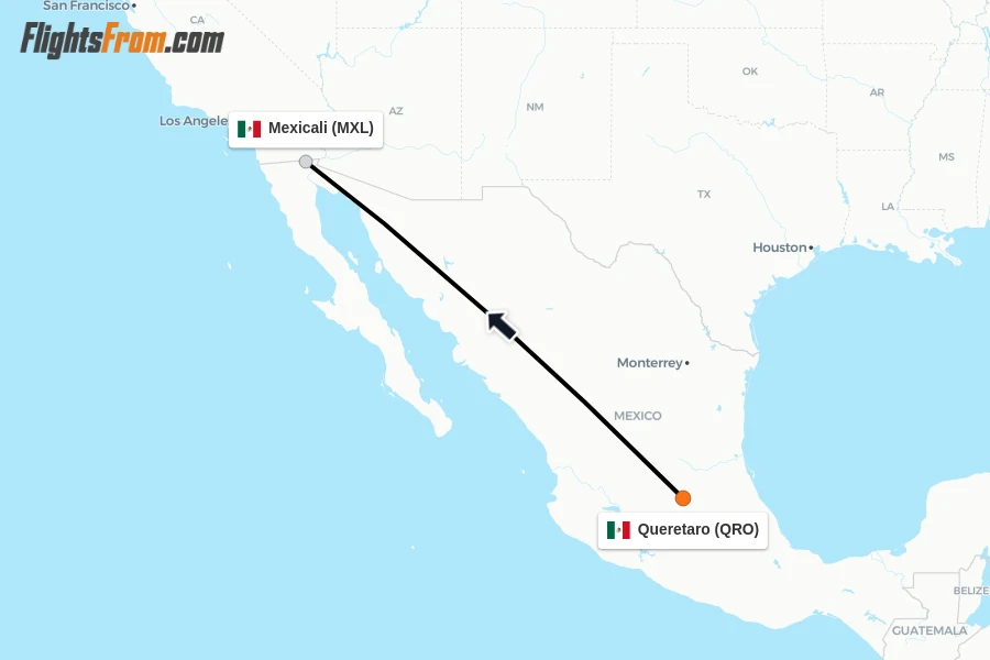 Flights from Queretaro to Mexicali route map