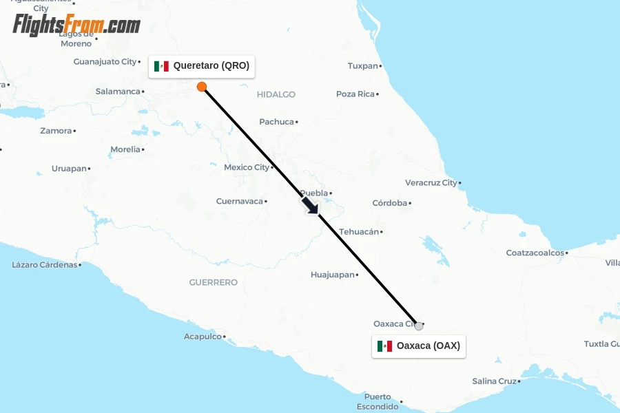 Flights from Queretaro to Oaxaca route map