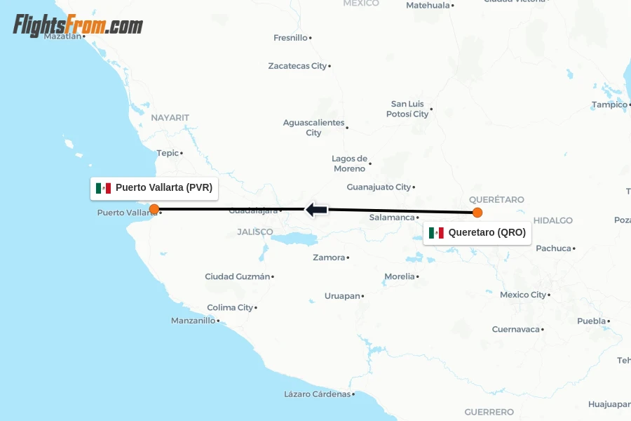 Flights from Queretaro to Puerto Vallarta route map
