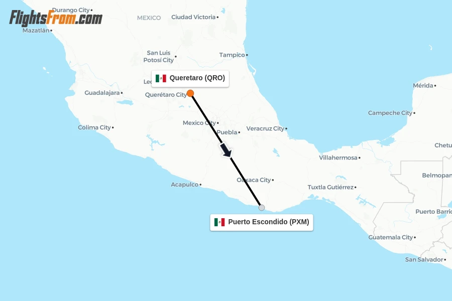 Flights from Queretaro to Puerto Escondido route map