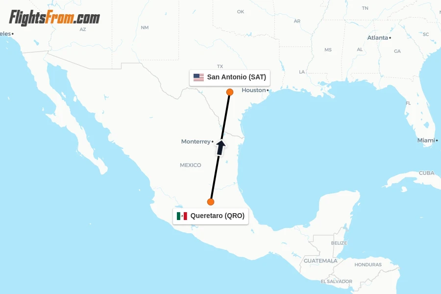 Flights from Queretaro to San Antonio route map