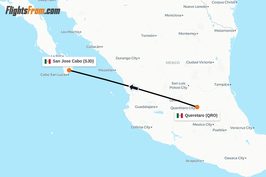 Flights from Queretaro to San Jose Cabo route map